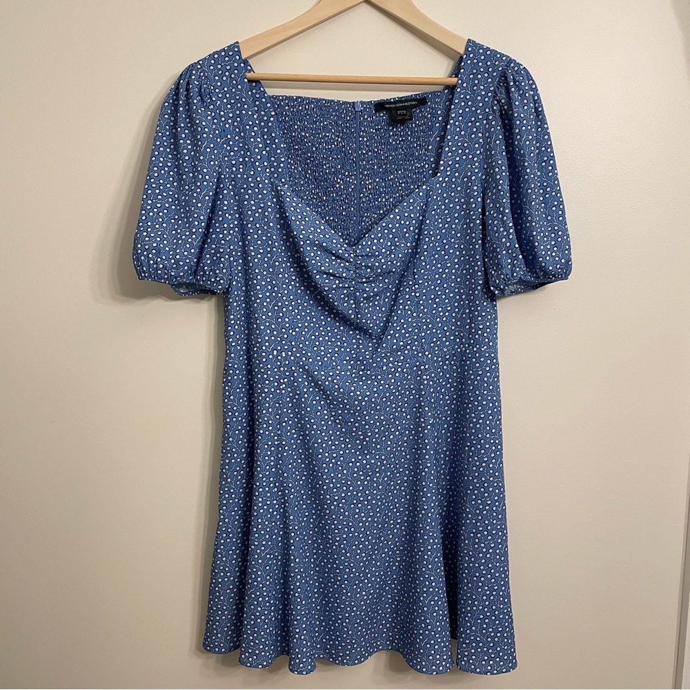 French Connection Chalk Blue Floral Puff Sleeve Smocked Mini Dress US 12 XL